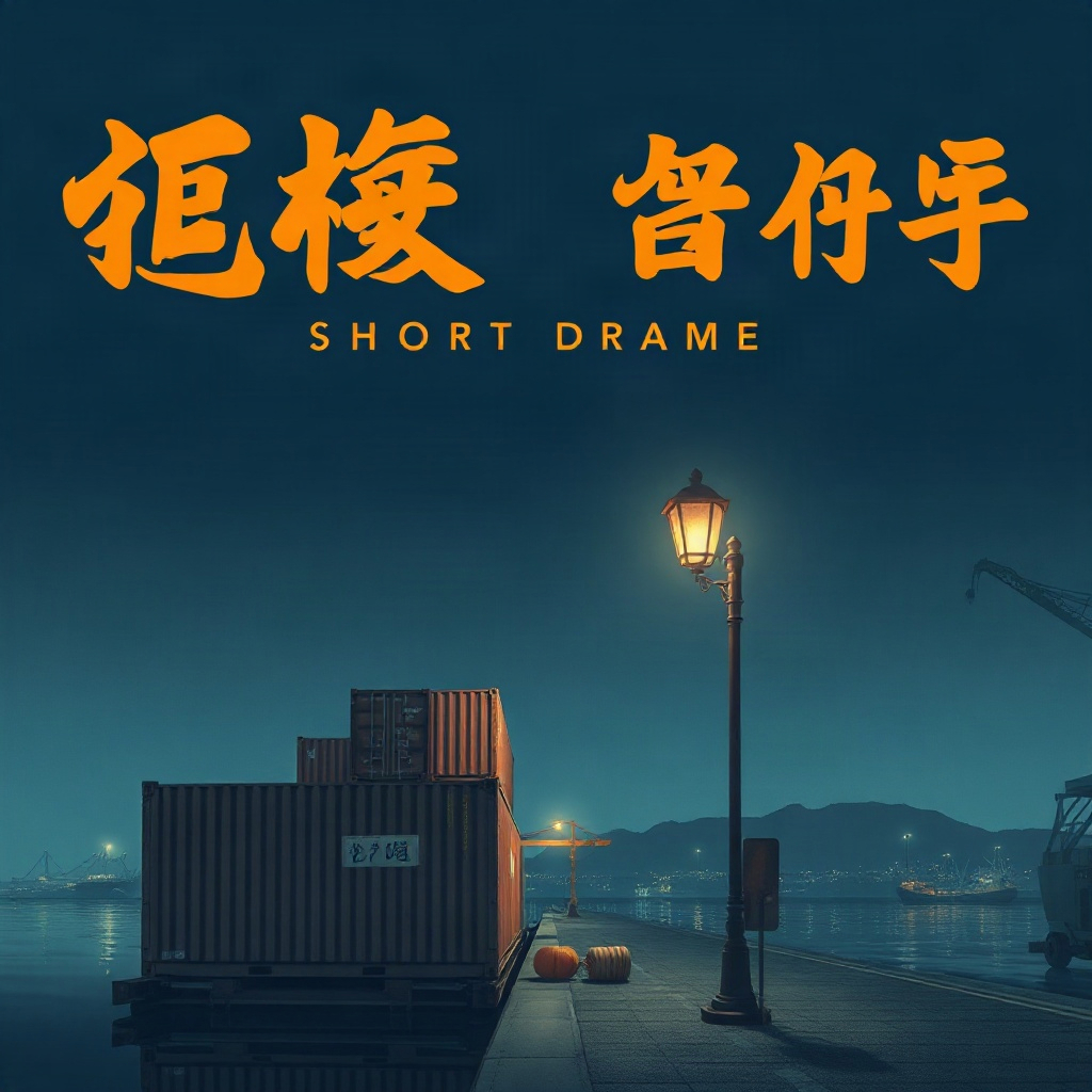 短剧《第七码头》海报，深夜货柜码头与孤零零的照明灯
