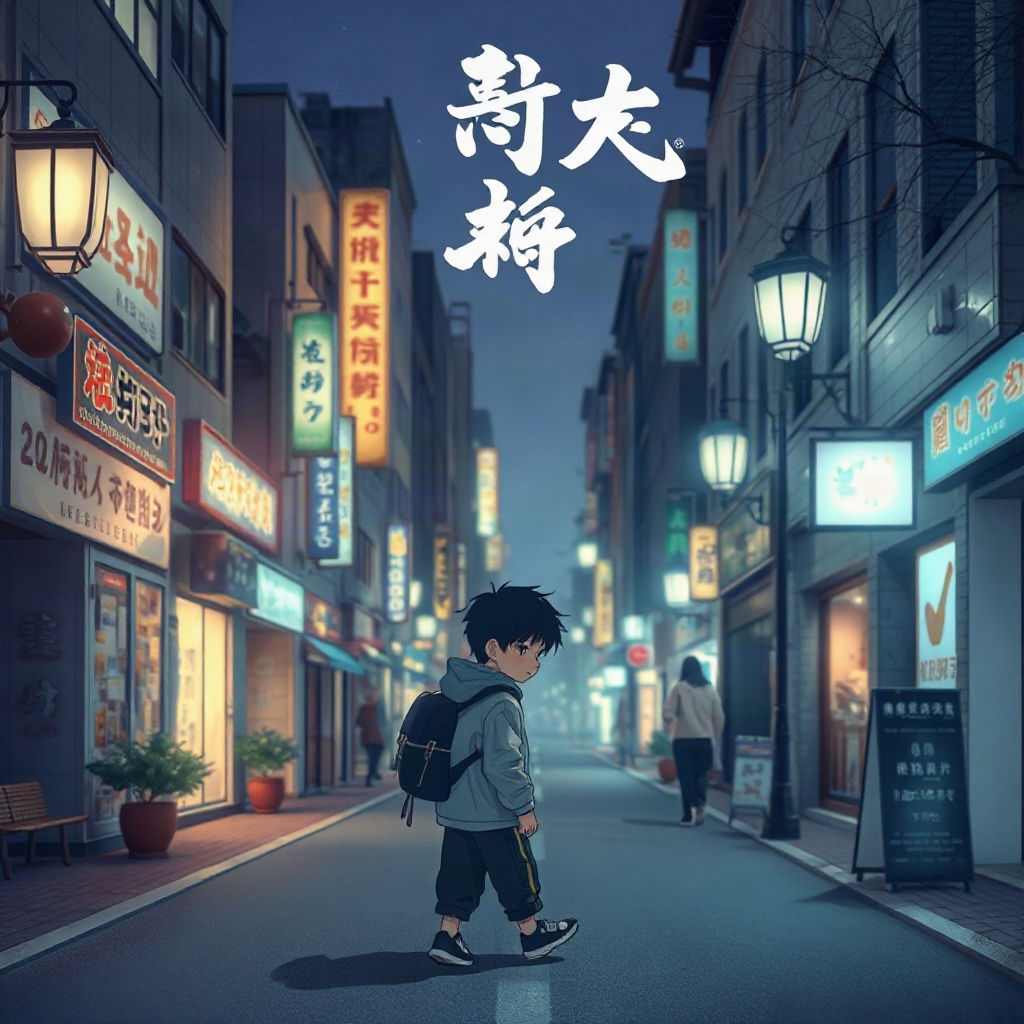 AI漫剧《纸城巡夜》场景海报，折纸风格的夜城街道与巡夜少年